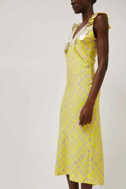 V Neck Sequin Dress in Light Yellow Plaid