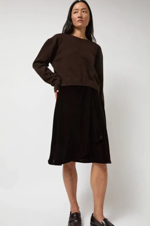 Velvet Midi Wrap Skirt in Brown