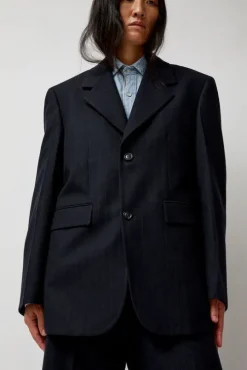 Virgin Wool Oversized Tailored Jacket in Navy Pinstripe