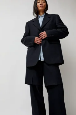Virgin Wool Oversized Tailored Jacket in Navy Pinstripe