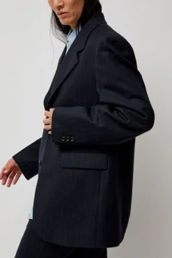 Virgin Wool Oversized Tailored Jacket in Navy Pinstripe