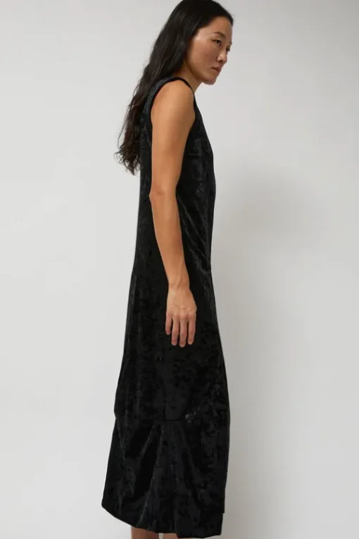Washed Velvet Long Dress in Black