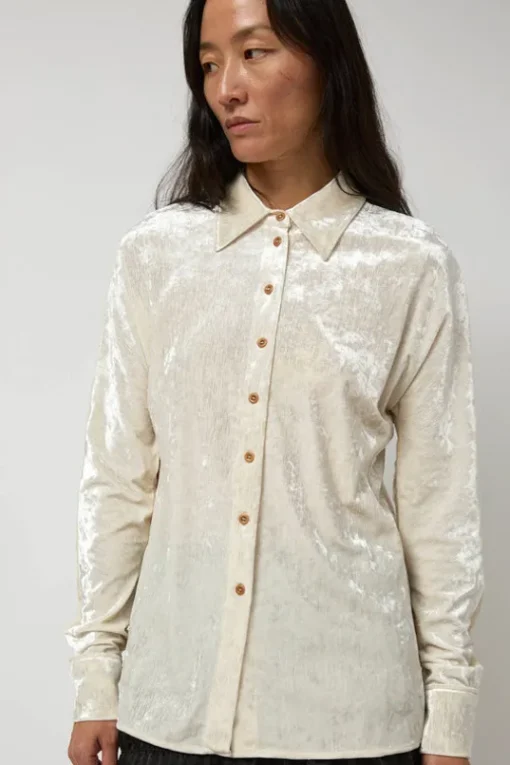 Washed Velvet Long Shirt in Ivory
