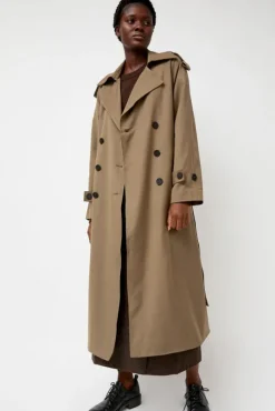 Wool Blend Long Trench in Light Olive