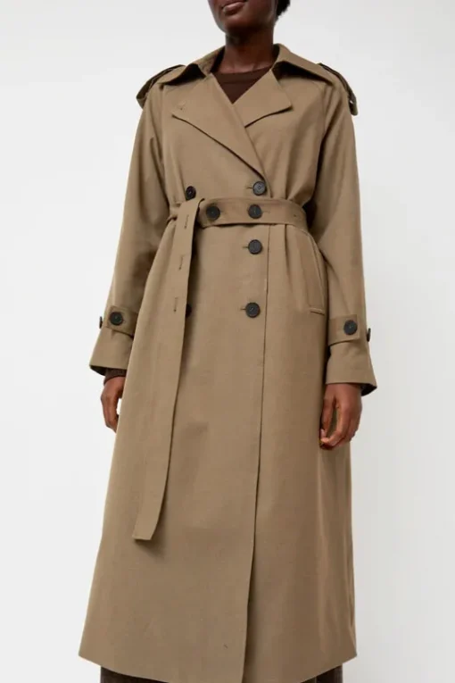 Wool Blend Long Trench in Light Olive