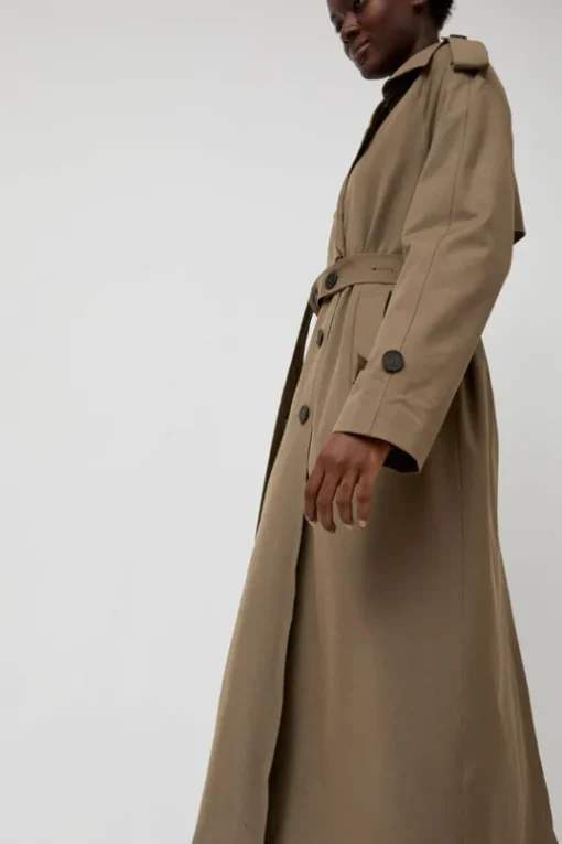 Wool Blend Long Trench in Light Olive