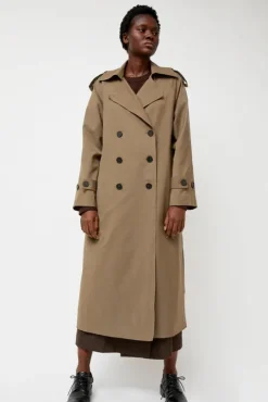 Wool Blend Long Trench in Light Olive