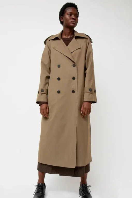 Wool Blend Long Trench in Light Olive