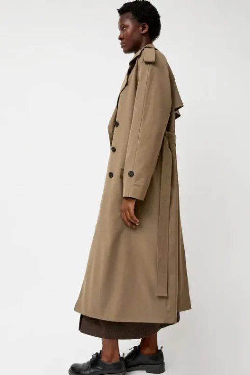 Wool Blend Long Trench in Light Olive