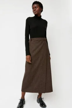 Wool Blend Maxi Wrap Skirt in Brown