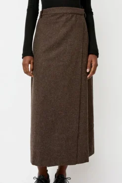 Wool Blend Maxi Wrap Skirt in Brown
